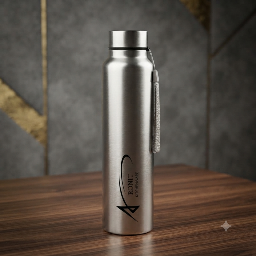 RONIT 1000ML Stainless Steel Single Wall Water Bottle with Carry Strap